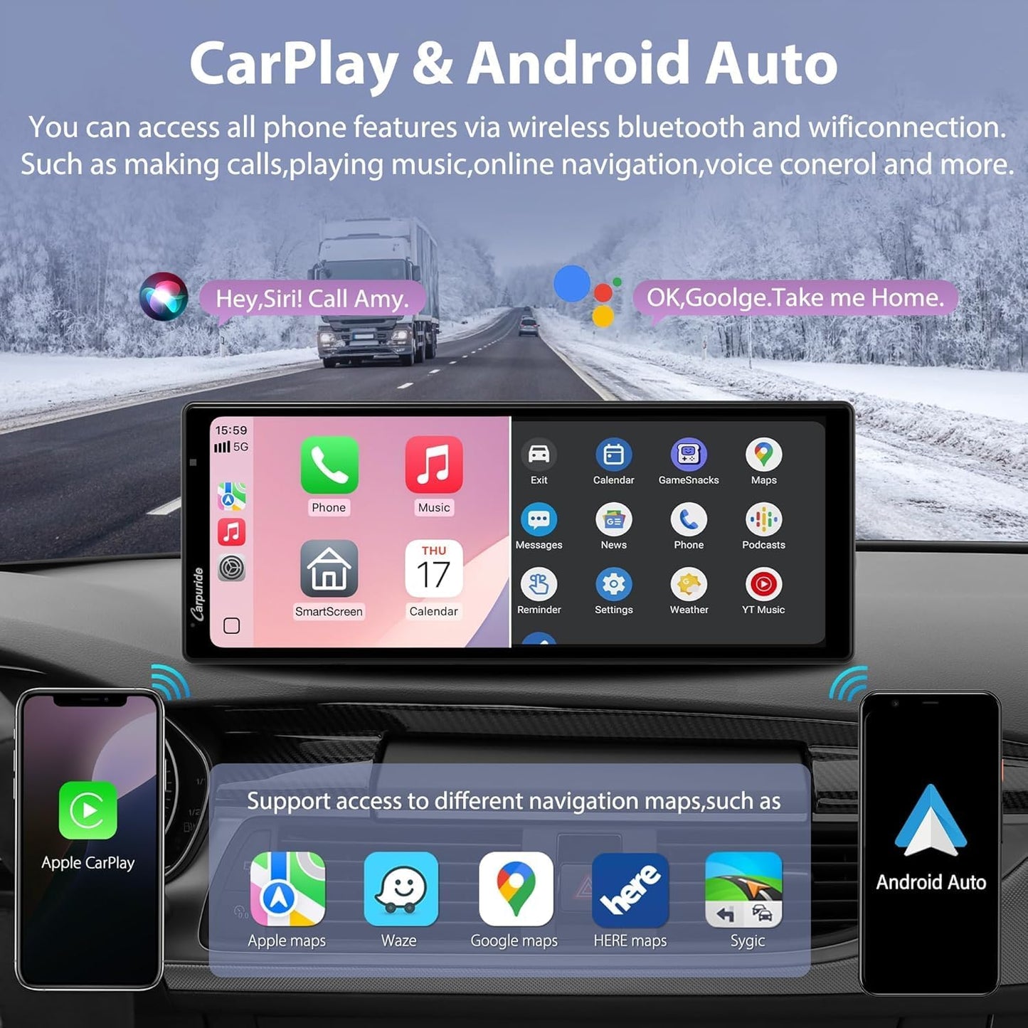 2025 Carpuride Wireless Carplay & Android Auto with Dash Cam - 10.26 Inch HD IPS Touch Car Play Screen for Car, 4K Front & 1080P Rear Camera, Loop Recording, Bluetooth Audio, Mirror Link, GPS, Siri