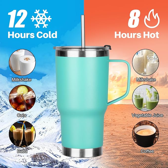 20 oz Tumbler with Handle, Stainless Steel Insulated Tumbler with Lid and Straw, Double Wall Vacuum Insulated Coffee Mug Tumbler, Insulated Coffee Thermal Cup for Cold and Hot (Mint Green)