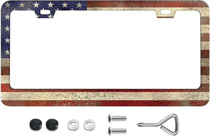 Patriotic Grunge Textured American Flag License Plate Frames Rust-Proof Stainless Steel Screws Caps Included Personalized Cover Women Men Decorate Car with 12.3x6.3 Inch License Plate Holder-DATANSEN