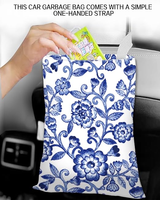 Car Trash Can, Durable Hanging Car Trash Garbage Bag, Cute Automotive Garbage Cans Organizer, Cute Blue Porcelain Floral