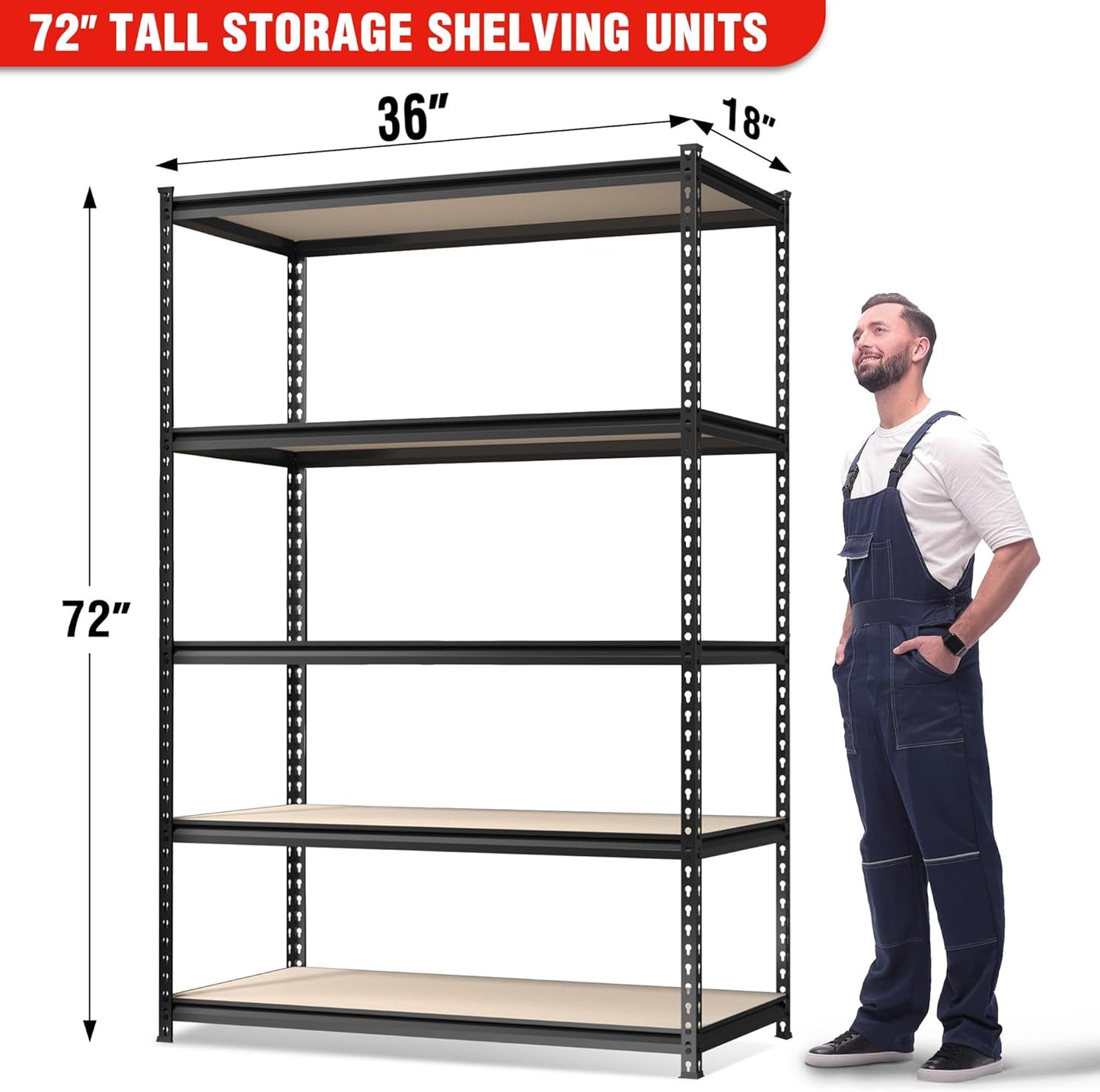 WORKPRO 4000LBS Storage Shelves, 5-Tier Metal Shelving Unit, Adjustable Garage Shelving with Particle Board, Heavy Duty Storage Rack for Garage, Kitchen, Basement, Warehouse, Black, 72"H x 36"W x 18"D