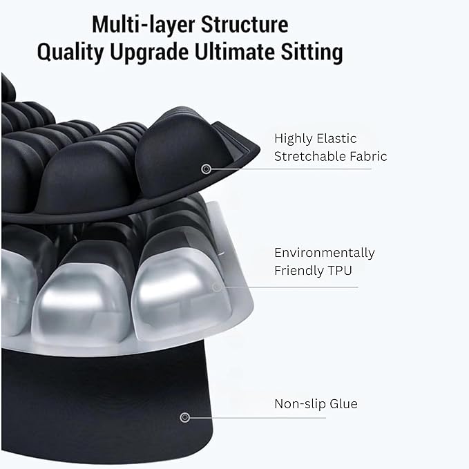 49-Cell Air Bubble Inflatable Seat Cushion with Built-in Pump - 50-100% Adjustable Firmness - 360° Breathable Cooling - TPU+Spandex, Anti-Slip Base - 40×40×3 Portable Travel & Office Cushion