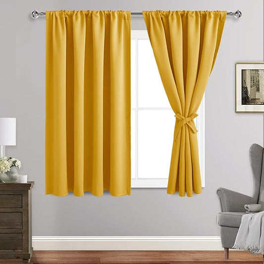 JIUZHEN Blackout Curtains for Bedroom - Thermal Insulated Room Darkening Noise Reducing, 52 x 54 Inch Length Curtains for Living Room, Set of 2 Panels with Tiebacks, Mustard Yellow