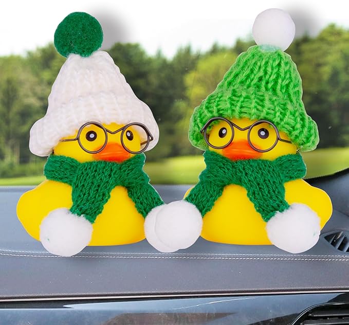Car Rubber Duck Ornament Winter Duck Car Dashboard Decoration Accessories with Mini Beanie Hat Sunglasses Necklace or Bow(E2)