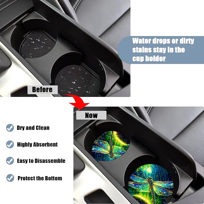 Car Cup Holder Coaster -Dragonfly Absorbent Ceramic Coaster, Car Coasters for Cup Holders, Auto Accessories for Women & Men, Pack of 2