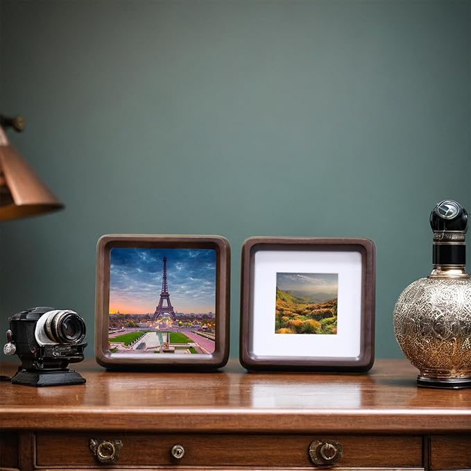 HELPLEX 8x8 Square Picture Frame – 2 Pack Solid Walnut Wood with Real Wood Back & HD Tempered Glass, 6x6 Matted or 8x8 Unmatted, Tabletop or Wall Display – Rustic Home Decor & Gift