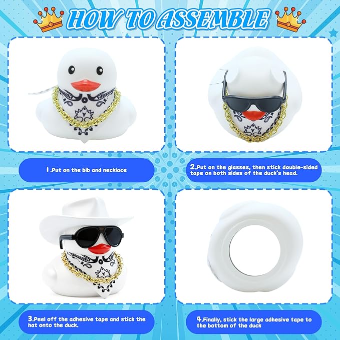 BOZILY White Cowboy Hat Rubber Duck, Cute Car Dashboard Decoration Duck with White Cowboy Hat, Sunglasses, Gold Necklace & White Bib, Squeaky Silicone Ornament for Car Interior Home Office