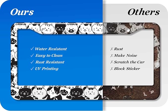 2PCS Black & White Cat Pattern License Plate Frames for Men Women - Universal Aluminum Stainless Steel Kitten Car Tag Covers Holder with Screws, Caps, Rattle Proof Pads and Handlebar Stickers