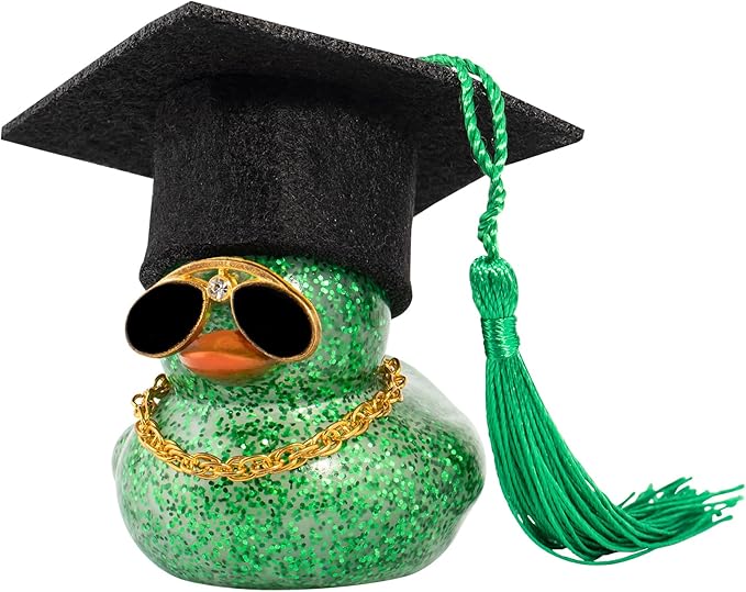 wonuu Car Dashboard Decor Graduation Hat Color Rubber Duck, Car Ducks Ornaments with Mini Graduation Hat Necklace Sunglasses (Dark Green)