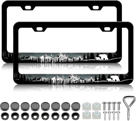 Mountains Bear Moose Eagle License Plate Frame - 2 PCS Night Forest Trees Wild Animal Aluminum Metal License Plate Frames Holder Covers, Car Decorative Tag Frames for Standard US 12x6 Inch