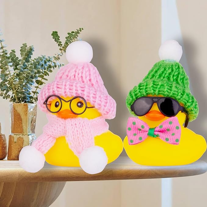 Car Rubber Duck Ornament Winter Duck Car Dashboard Decoration with Mini Beanie Hat Glasses and Scarf (E3)