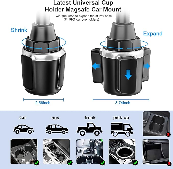 Cup Holder Phone Mount Magnetic - Designed for MagSafe Cupholder Car Mount, Super Strong Magnet for Cell Phone Cup Holders, Expandable Base, Flexible Gooseneck, Compatible with iPhone, Galaxy, Pixel