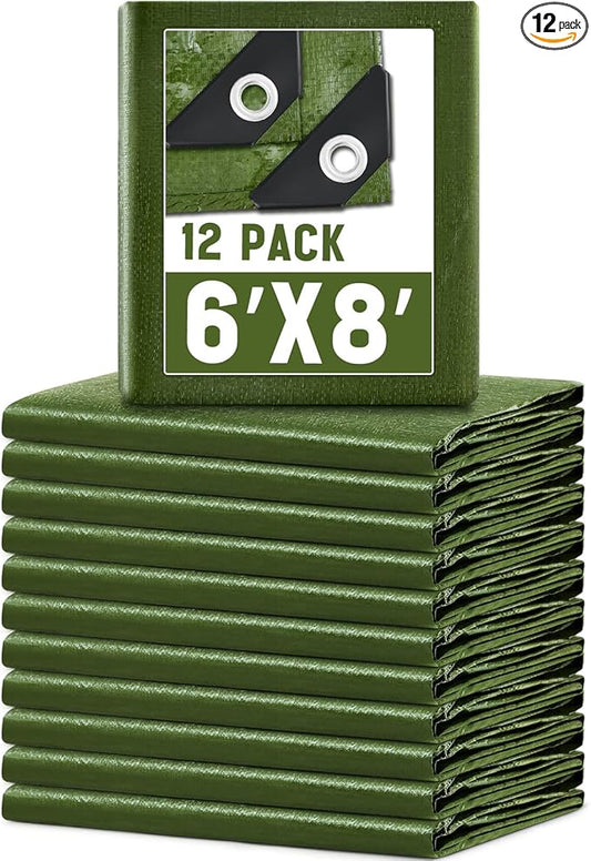 12 Pack 6 x 8 ft 5.5 Mil Large Tarps Heavy Duty Waterproof Tarp Multi Purpose Tent Cover for Home Boats Cars Camping Patio Furniture Roof Emergency Rain Protective Cover, Army Green