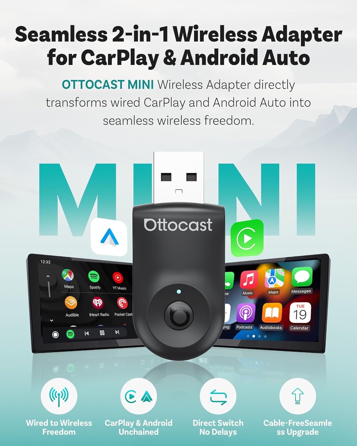 OTTOCAST Mini 2025 Wireless CarPlay & Android Auto 2-in-1 Adapter, Plug & Play, 5GHz WiFi, Auto Connect for iPhone & Android, Fits 98%+ OEM Wired CarPlay Cars