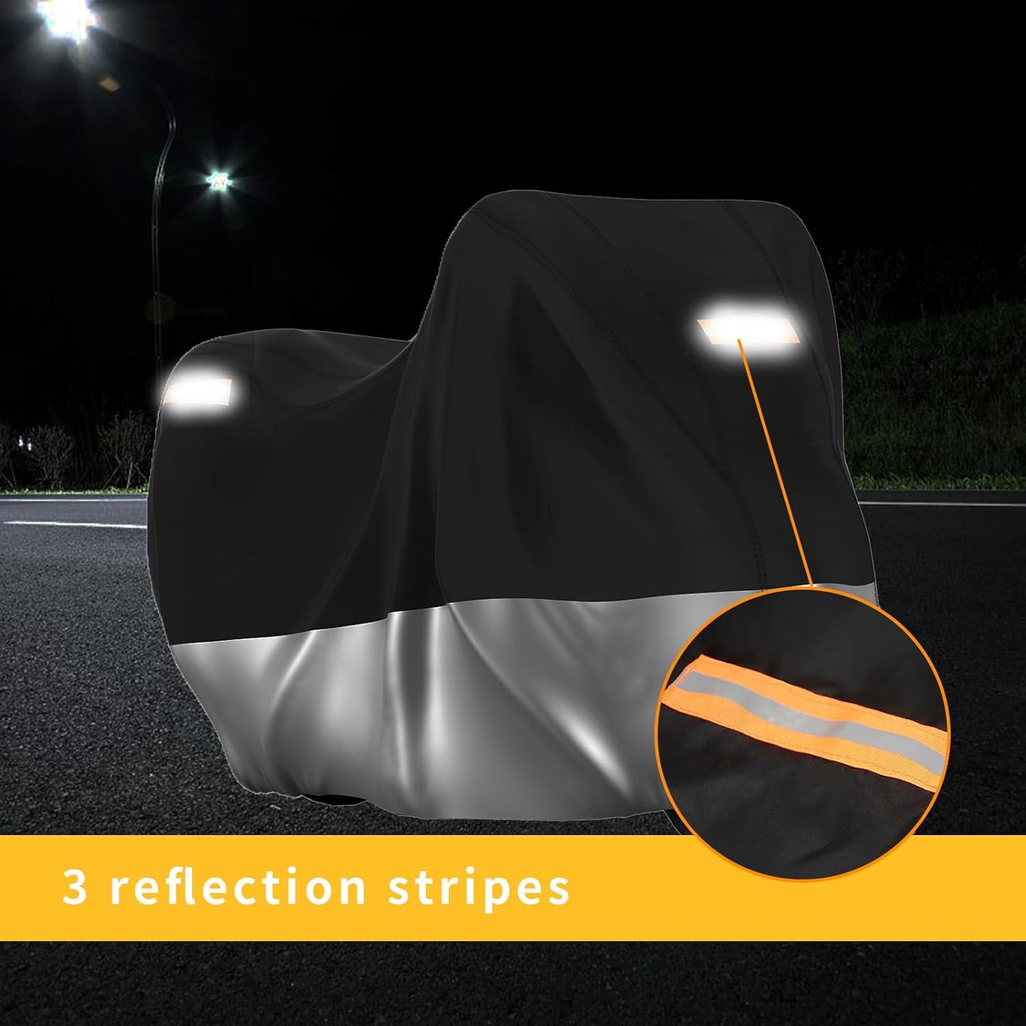 Motorcycle Cover All Season Waterproof Breathable Sun Outdoor Protection Three Reflective Tape with Lock-Holes & Storage Bag Bike Scooter Cover Universal (Silver and Black, 104''*41''*50'')