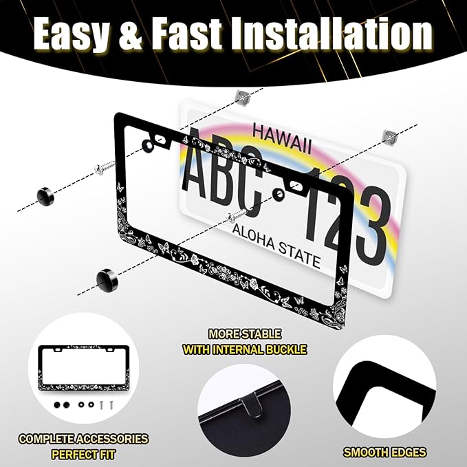 Black White Butterfly License Plate Frame Flowers Rose Floral License Plate Stainless Steel Funny Accessory Cars Decor 12.2 X 6.2 Inch with 2 Holes and Screws Fits Standard Us Ca Vehicles
