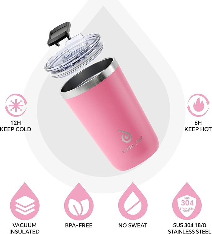 Ideus 20 oz Tumbler, Travel Coffee Mug with Splash Proof Sliding Lid, Double Wall Stainless Steel Vacuum Insulated Coffee Mug for Home and Office, Keep Beverages Hot or Cold, Pink