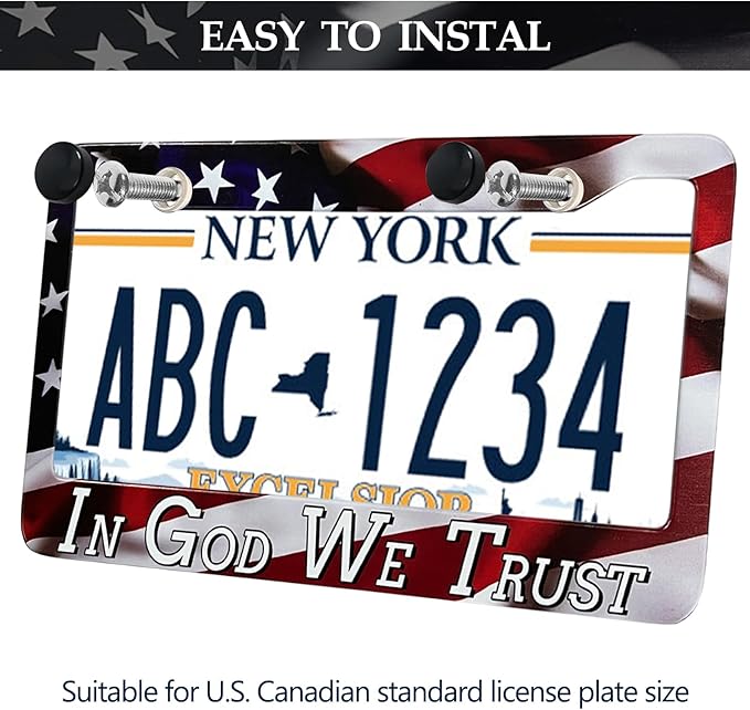 in God We Trust Christian American Flag License Plate Frames - 2 Pack Front Rear Patriotic US Flag Stainless Steel Metal Rust-Proof Waterproof Car Tag Frame Holder Covers with Screws Fasteners Caps