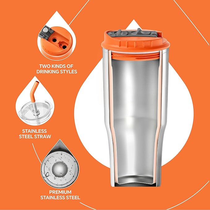 Ideus Insulated Tumbler with Lid and Straw 24 oz, Stainless Steel Double-Wall Vacuum Leak-Proof Travel Coffee Mug, Cup Holder Friendly, Orange Tiger