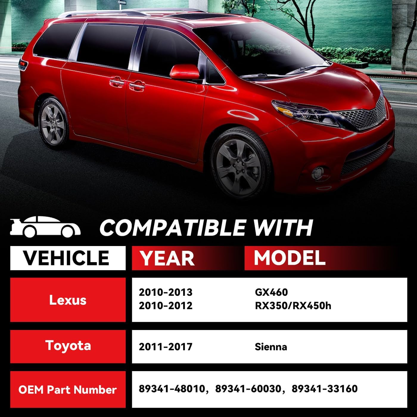 4pcs PDC Bumper Parking Aid Assist Sensor Backup Reverse Radar Replacement Kit - Compatible with 2011-2017 Toyota Sienna Lexus 2010-2013 GX460 2010-2012 RX350 RX450h - 89341-48010 89341-60030