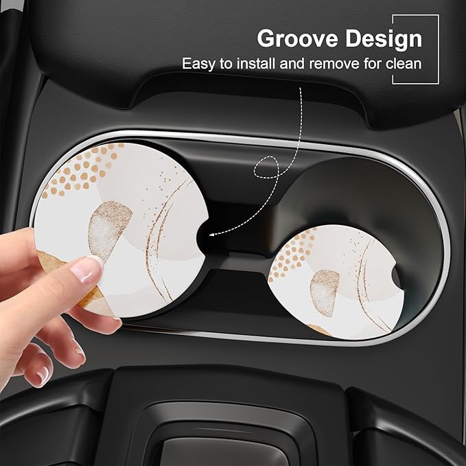 Car Cup Holder Coaster, Car Coasters for Cup Holders, 2 Pack Universal Anti Slip Insert Absorbent Ceramic Auto Interior Accessories with A Finger Notch & Cork Base, Modern Art