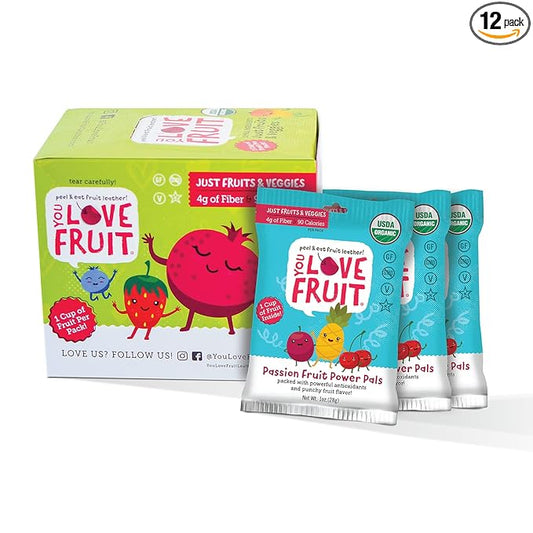 YOU LOVE FRUIT - PASSION FRUIT POWER PALS All Natural Fruit Snacks, Healthy Snack Pack, Real Fruit! Gluten Free, Non GMO, Vegan, Low Carb, Low Fat, Kosher, Variety Pack, Great For Adding To Gift Box, 1.0 oz (Pack of 12)