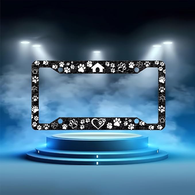Dog Paw Print License Plate Frame -1Pcs Pet House License Plate Holder Black Funny Aluminum Car Accessories Personalized Car Plate Frame Decoration 12.3" X 6.3" with Screws for Men Women