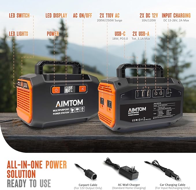 AIMTOM Portable Power Station 173Wh Lithium Battery, 200W AC Outlet (250W Surge), 18W USB-C, 2x USB-A, 2x 12V DC Outputs, LED Flashlight – Ideal for Camping, Travel, Emergency Backup, RV, Home Use