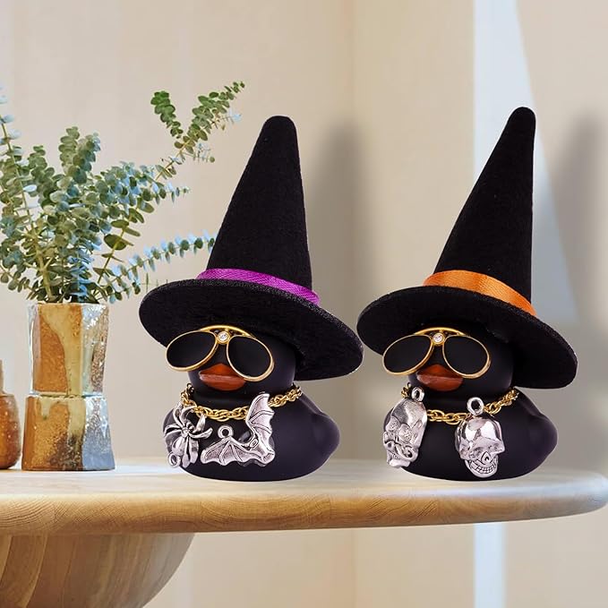 Car Rubber Duck Ornaments Halloween Duck Car Dashboard Decorations with Mini Witch Hat Sunglasses Necklace Halloween Accessories for Halloween Themed Gifts(W21)