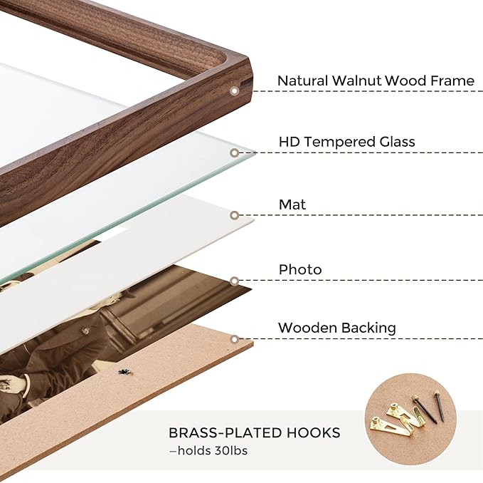 Heimlove 11x14 Picture Frames Natural Walnut,Original Wood Hand Make Crafted Diploma Frame with Mat to 8x10 Graduation Picture Display,Family Picture,Wedding Picture,Photo,Certificate Wall Mounted