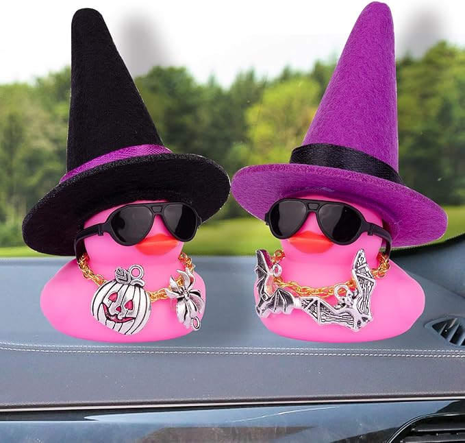 Car Rubber Duck Ornaments Halloween Duck Car Dashboard Decorations with Mini Witch Hat Sunglasses Necklace Halloween Accessories for Halloween Themed Gifts(W17)