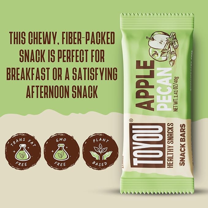 ToYou Chewy Fruit and Nut Bars - Healthy Protein Snacks | Apple Pecan - 1.41 Ounce (Pack of 12) | Soft Chewy, Vegan, Fiber-packed Granola Bars for Adults and Kids, Made with Natural Ingredients