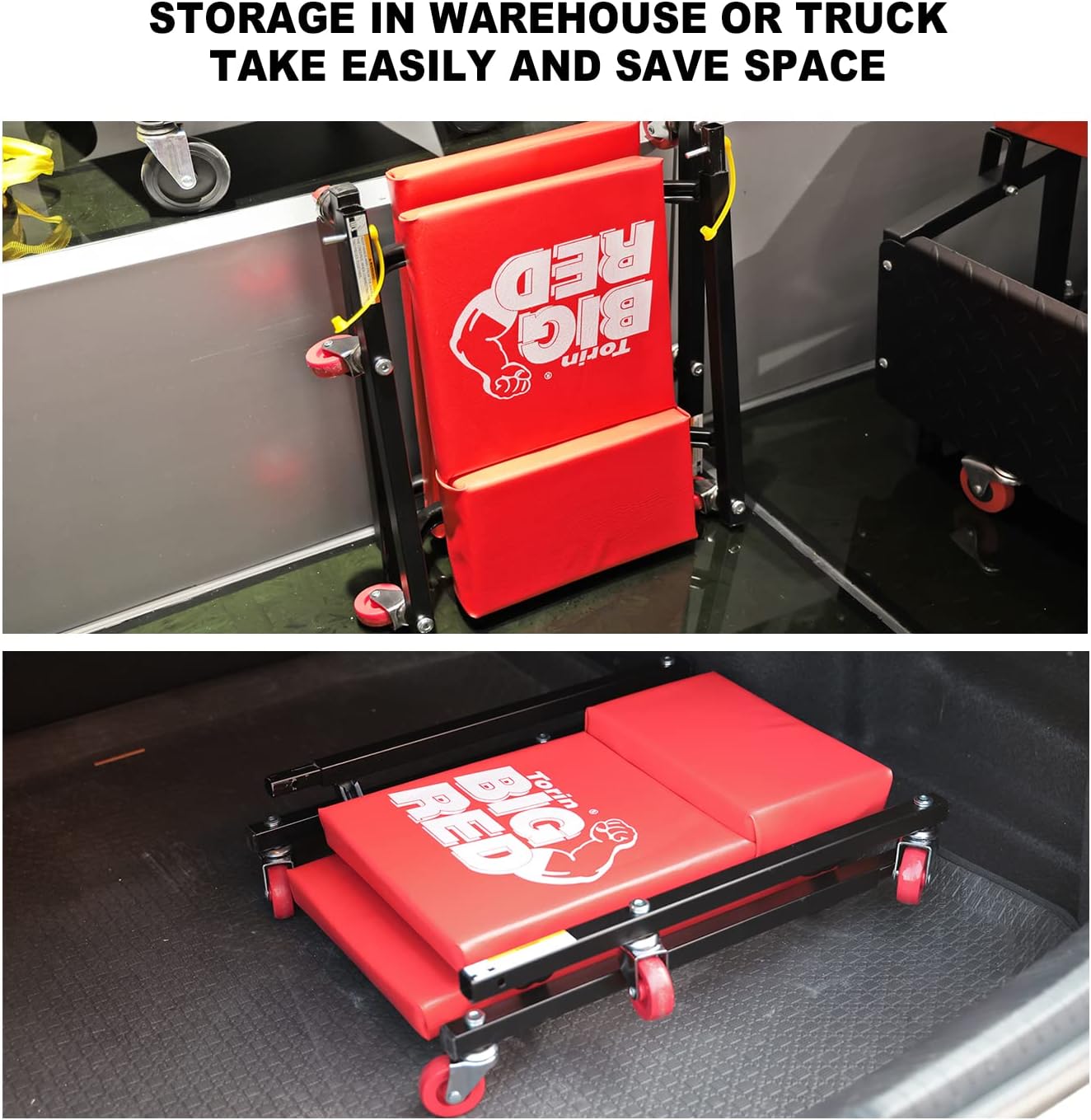 BIG RED 36" 2-Piece Padded Rolling Garage/Shop Creeper, Mechanic Cart with Headrest and 6 Casters, Red TR7565R Torin