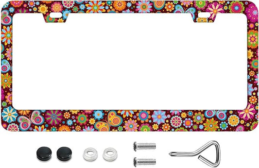 Colorful Flowers License Plate Frames - Butterflies Background, Rust-Proof Stainless Steel, Screws, and Caps Included - Personalized Cover for Women Men 12.3x6.3 Inch License Plate Holder -DATANSEN