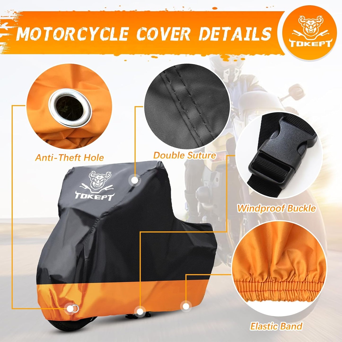Motorcycle Cover, All-Season Waterproof Outdoor Sun Protection Fit up to 116 Inch Harley-Davidson Honda Suzuki Kawasaki Yamaha (XXXL Black&Orange)