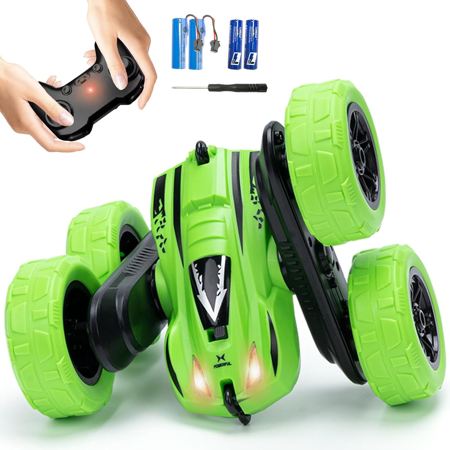 Remote Control Car for 6-12 Year Old Double Sided 360°Rotating 4WD RC Cars with Headlights 2.4GHz Rechargeable Electric Stunt Race Car Toy for Boys Girls Birthday Gifts(Green)