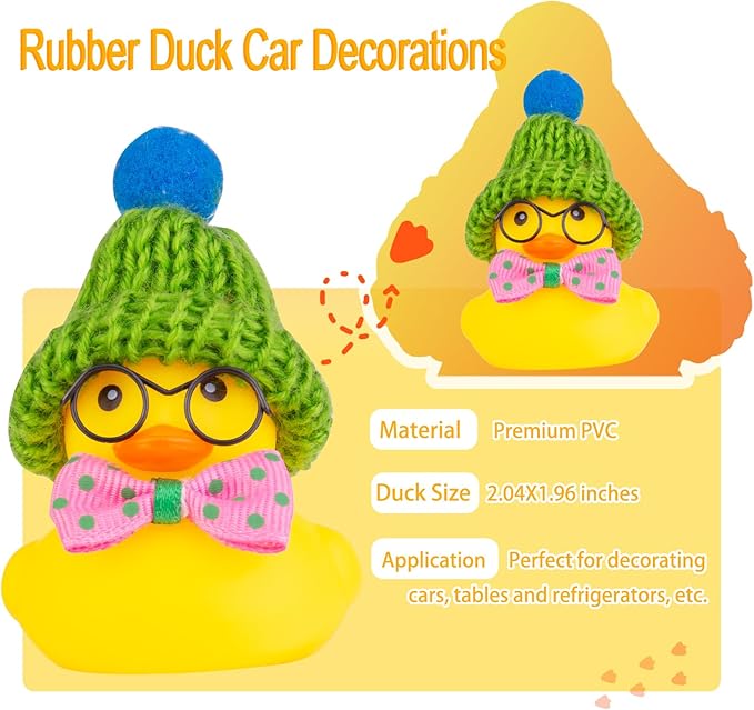 Car Rubber Duck Ornament, Winter Duck Car Dashboard Decoration with Mini Beanie Hat Bow Tie and Glasses(C2)