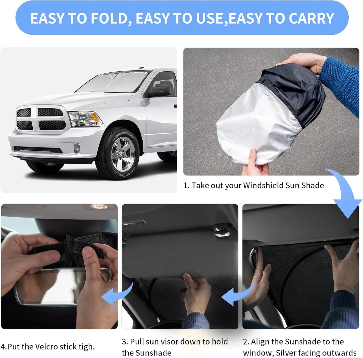 for Dodge RAM 1500 Sun Shade Sunshade Windshield Cover - 4 Layers Front Window Shade for or 2019-2024 2025 RAM 1500 2Dr RegularCab 4Dr QuadCab CrewCab MegaCab Pickup Sun Visor Car Accessories