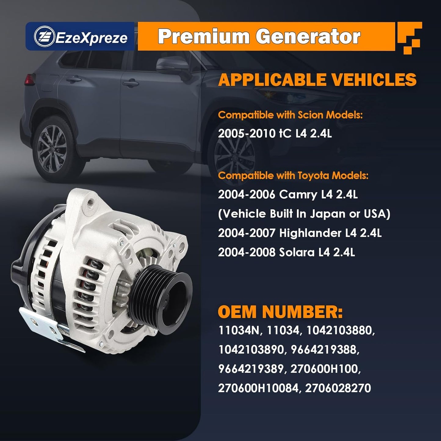 Ezexpreze 11034N Alternator Compatible with Toyota Camry 04-06, Highlander 04-07, Solara 04-08 & Scion tC 05-10, L4 2.4L, 12V 100Amp Clockwise 7-Groove Pulley, OE# 104210-3880, 27060-0H100
