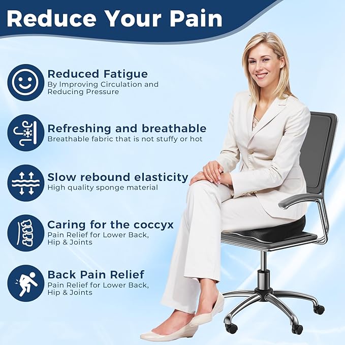 LNKOE Seat Cushion Memory Foam Cushion for Office Chair, Car Seat, Airplane, Bleacher - Sciatica & Hip & Coccyx Pain Relief Desk Chair Cushion for Long Sitting Office Workers, Car Drivers