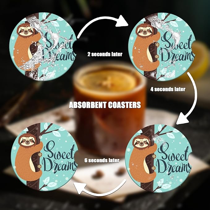 Car Cup Holder Coaster - Cute Baby Sloth Absorbent Ceramic Coaster 2 Pack, Car Coasters for Cup Holders, Fashion Car Interior Accessories Drink Coaster for Women & Men