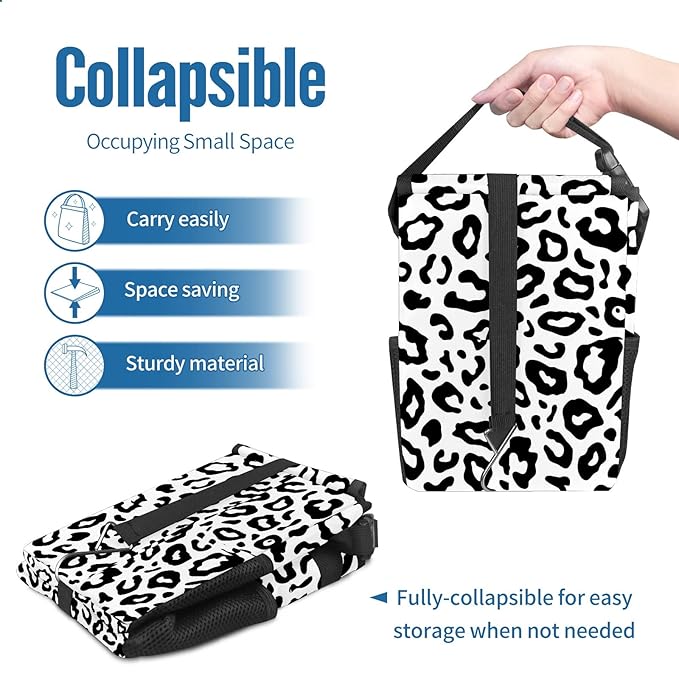 Car Trash Can Leopard Wate-rproof Auto Garbage Bag Car Trash Can with Lid Leak-Proof Car Storage Bag Hanging for Headrest Collapsible and Portable with Storage Mesh Pocket