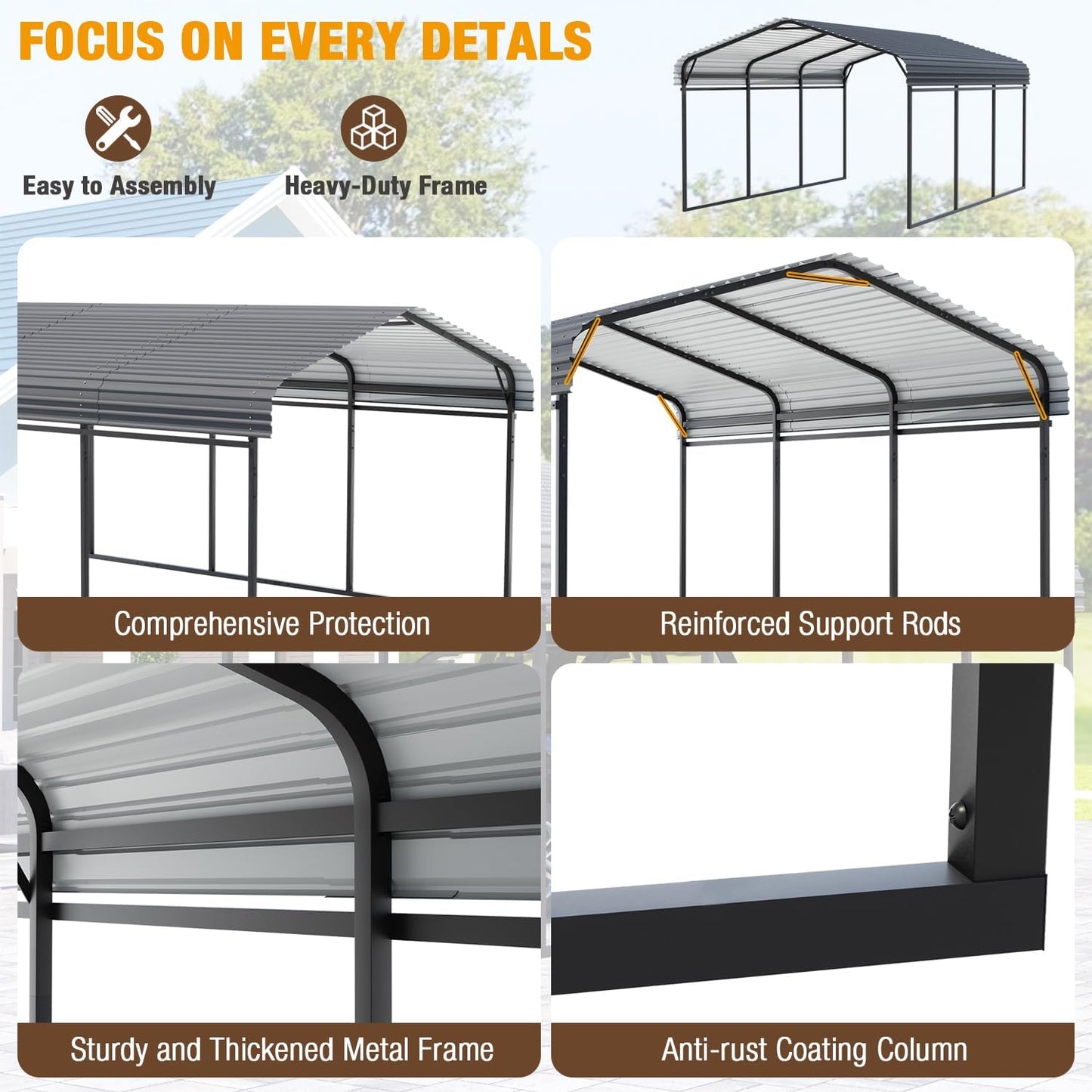 EBE 10 x 15 FT Outdoor Carport, Heavy Duty Metal Carports with Galvanized Steel Roof, Carport Canopy Garage Shelter Shade for Car, SUV, Truck, Boats and Tractors