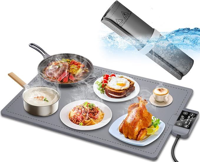 Waterproof Electric Food Warming Mat, Food Grade Silicone Warming Tray with 17 Temp Setting and 6 Hours Timer, Full Surface Heating Mat, Roll Up Food Warmers for Parties Buffet (Dark Gray)