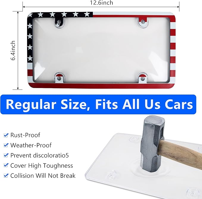 2pcs License Plate Protector Unbreakable License Plate Covers and Frames Set Front and Rear Clear License Plate Cover American Flag License Plate Frames Fits Standard Us Plates with Screws Caps