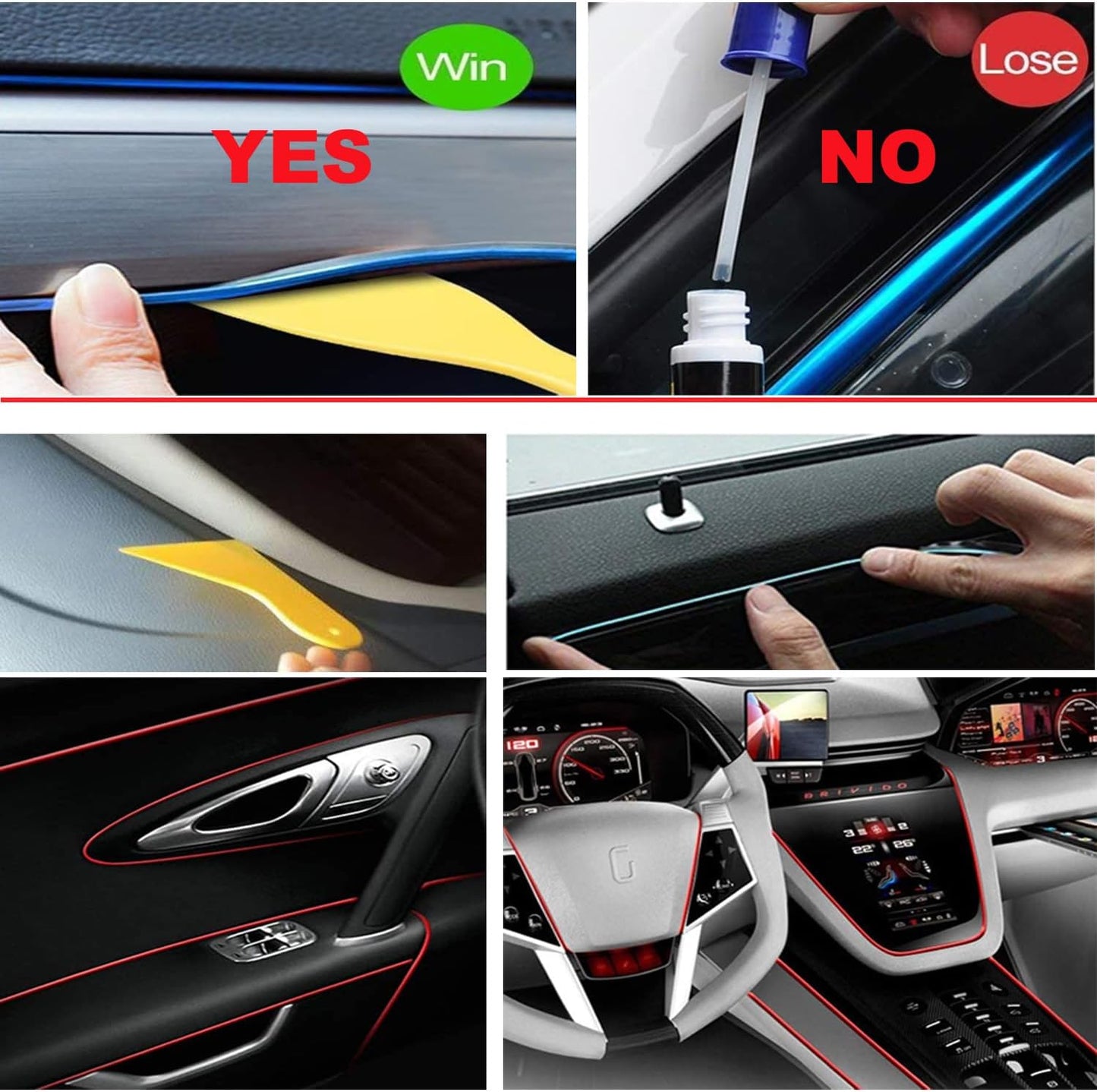 El Wire Mutilcolor Interior Car LED Strip Lights,3M Neon Wire USB 5V with Fuse Protection for Automotive Interior Decoration, with 6mm Sewing Edge