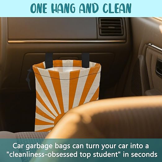 Car Trash Bag Retro Orange and White Sunray Leak-Proof Waterproof Car Garbage Bag with Drawstring Foldable Canvas Trash Bin with Adjustable Buckle for Car Accessories, Travelling, Camping