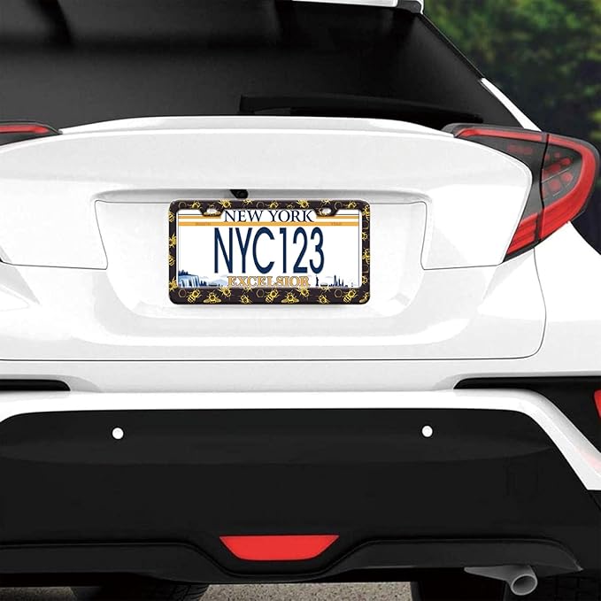 1-Pack Golden Honey Bee License Plate Frames for Women Man, 2 Holes Honey Bee Gold Aluminum License Plate Holder, Bee Themed License Plate Cover fits Vehicles with Keychain Wrist Lanyard
