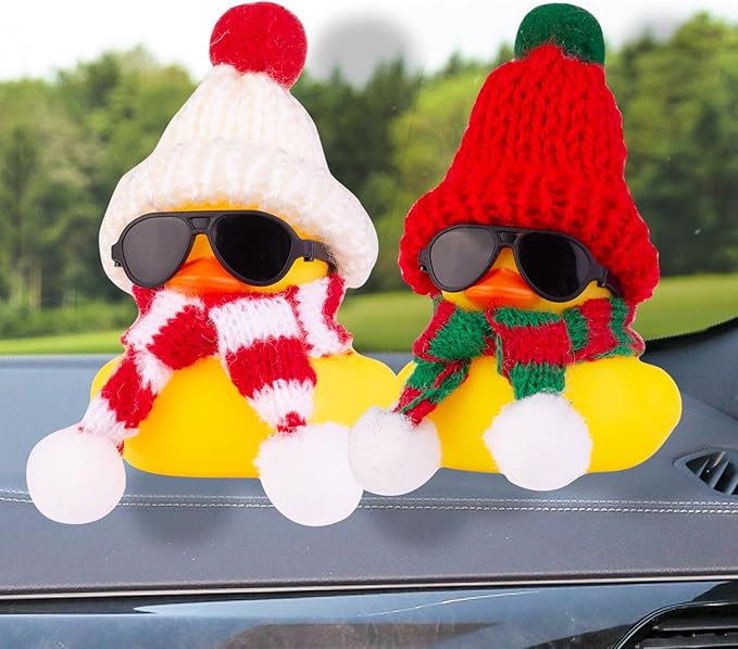 Rubber Duck Car Ornaments 2Pack Winter Duck Car Dashboard Decorations for Christmas Decor and Home Decorations with Mini Hat Scarf and Sunglasses(T14)