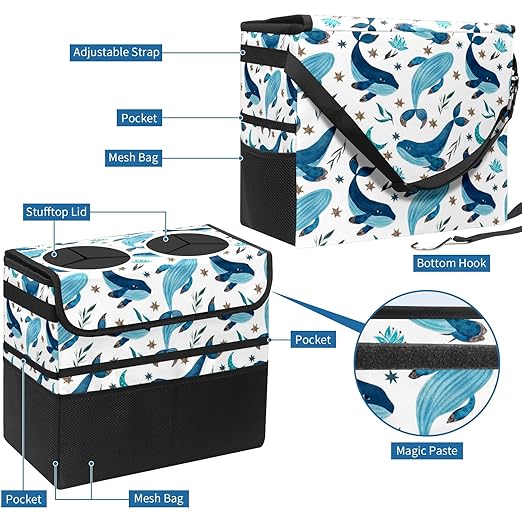 Car Trash Can Vintage Blue Whale Stars Large Storage Garbage Can with Lid Hanging for Back Seat Leakproof Automotive Vehicle Trash Bin